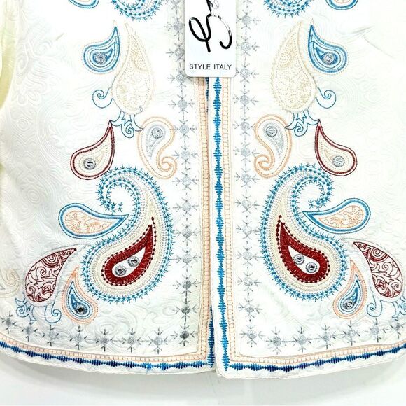 Style Italy White Brocade Colorful Metallic Embroidered Paisley Blazer - Picture 11 of 16